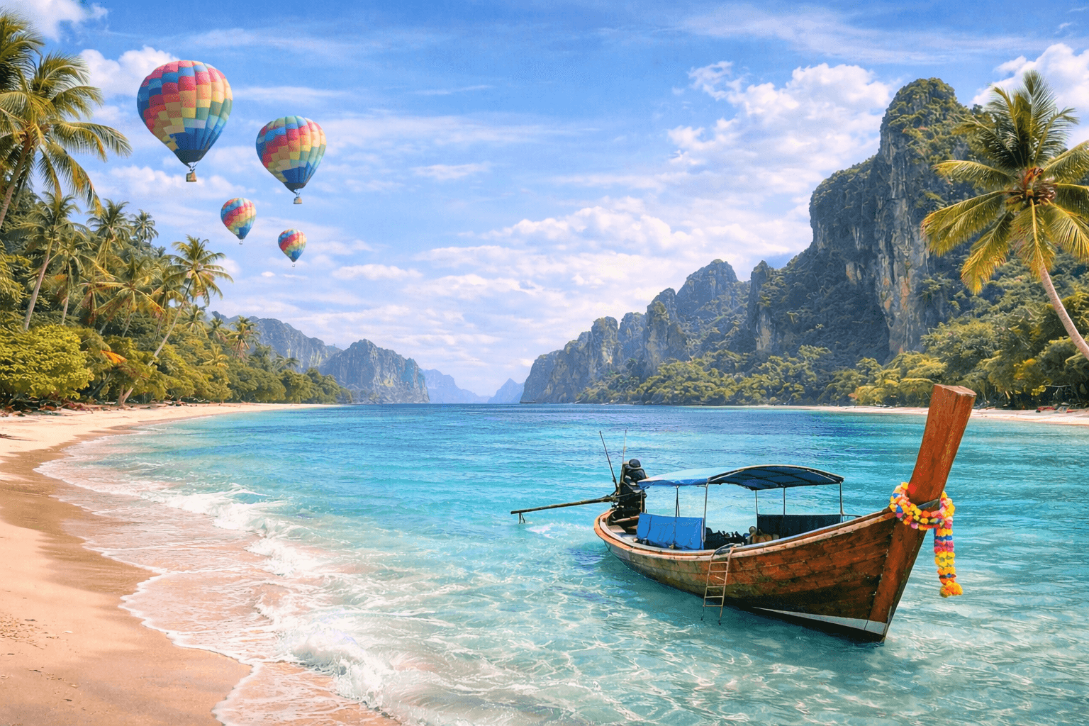 Tropical beach with hot air balloons
